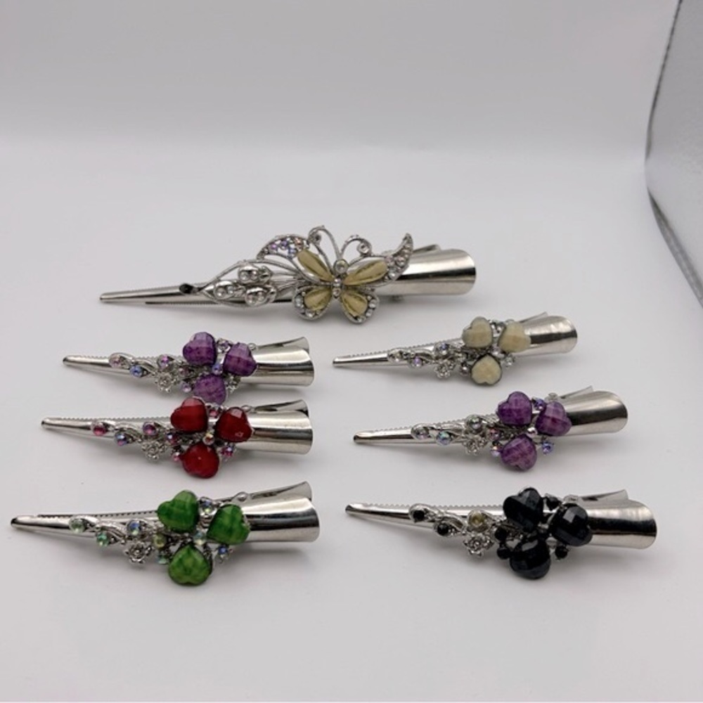 Lot of 7 Silver Tone Alligator Clips Floral Butterfly and Rhinestones Classic